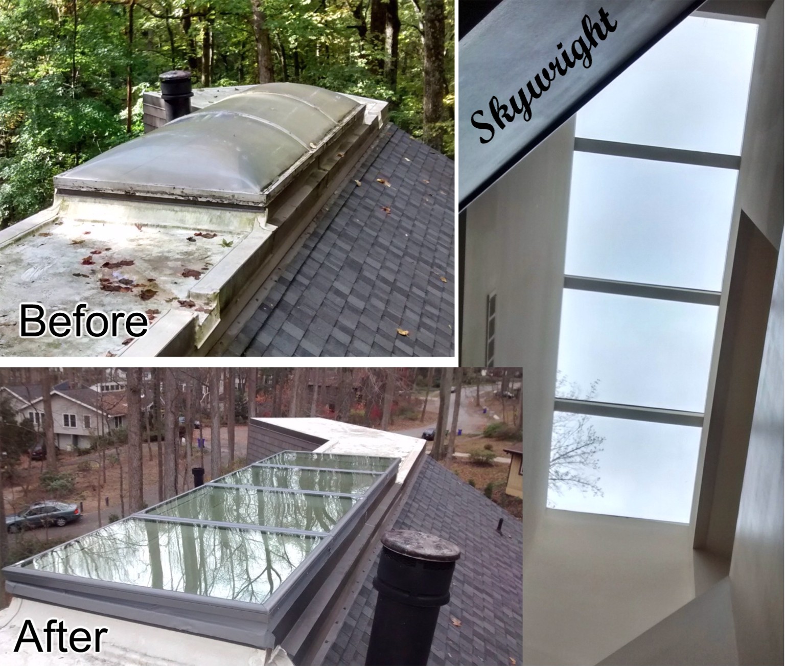 Large bubble skylight replaced with 4 Velux FCM skylights